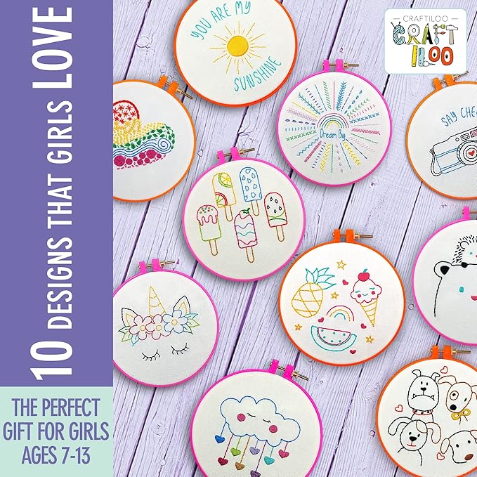 10 Pre-Stamped Embroidery Patterns for Beginners Embroidery Kit for Kids Girls Needlepoint Kits for Beginners Cross Stitch Craft Sewing Perfect for Ages 7-13