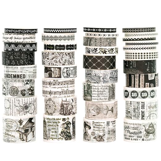 36 Rolls Vintage Washi Tape Pack Retro Arts Adhesive Tapes Wide Chronicle Decorative Masking Tape Sets for Craft, Kids, Scrapbook, DIY, Gift Wrapping (Black & White Light)
