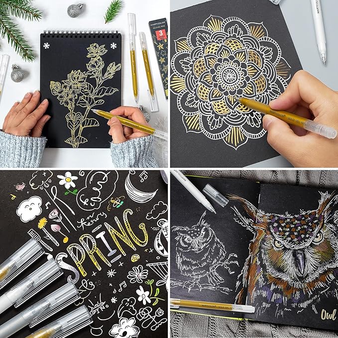 Gold Gel Pens, 1mm Fine Point Gel Ink Pen Opaque Archival Ink Pens for Black Paper Drawing, Sketching, Illustration, Card Making, Bullet Journaling, 3 Pack