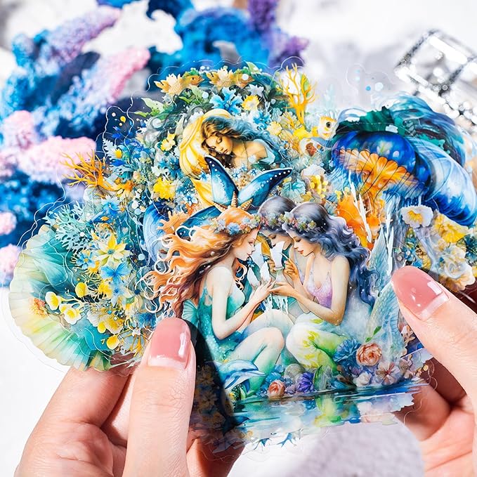 Yoksas Fantasy Sea Ocean Life Mermaid Stickers - 180Pcs Waterproof Clear Sea World Marine Animals Scrapbook Stickers for Junk Journals,Planner