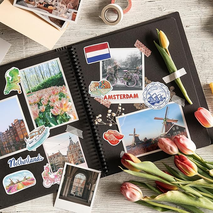 Navy Peony Artistic Netherlands Travel Stickers (29pcs) - Watercolor, Holland, Dutch-Themed Vacation Decals for Journals, Scrapbooks, Water Bottles