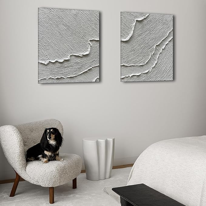 NANKAI Art Hand-Drawn Abstract Oil Painting with White Texture. Romantic sea Wave Landscape Painting. Decorative Art Piece for Home or Office Wall. 20x24 inches x 2