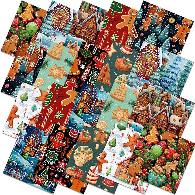 Hahafelt 10 Pcs Christmas Gingerbread Man Fabric Bundles 20 x 20 Inch Square Gingerbread Quilting Fat Fabric by The Yard Precuts Printed Patchwork Supplies for Xmas Winter Craft Sewing DIY Decor
