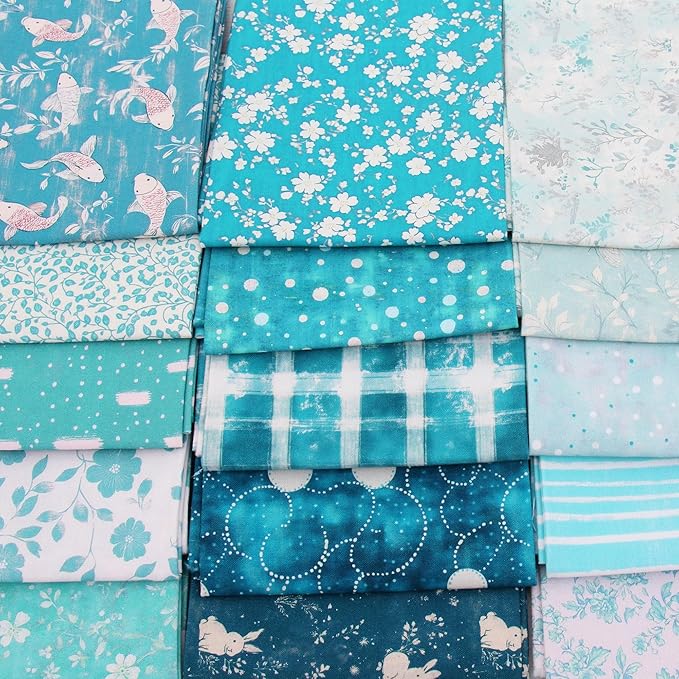 Threadart Exclusive 20 Fat Quarter Bundles - Teal Vintage Prints 100% Cotton Fabric - Premium 100% Cotton Quilting Fabric - No Duplicates - Full Size Fat Quarters 18"x21" - Teal
