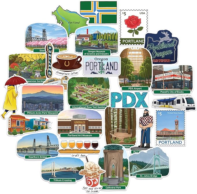 Navy Peony Hipster Portland Travel Stickers (28pcs) - City of Roses, Oregon, America City-Themed Vacation Stickers for Scrapbooking, Journals