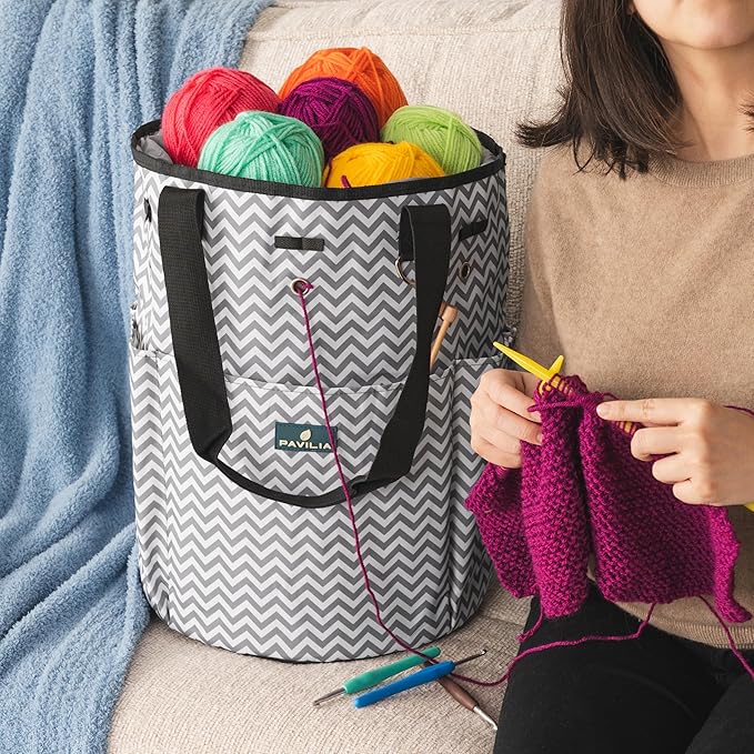 PAVILIA Crochet Bag Knitting Bag Organizer, Yarn Bag Storage Tote for Crocheting On The Go, Knitting Accessories Supplies Holder with Grommets, Gift for Crochet Lovers Knitters (Chevron Gray)