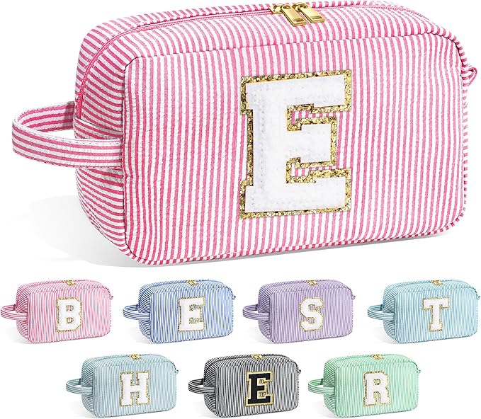 YOOLIFE Bridal Shower Gifts - Bridesmaid Bag, Bridesmaid Proposal Gifts for Wedding Day, Bride to be Gifts, Maid Matron of Honor Gift, Bachelorette Party Favors, Pink Initial Makeup Bag Cosmetic Bag E