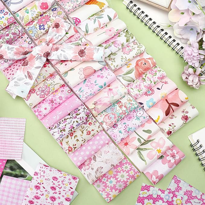 Ganeen 100 Pcs Pink Floral Quilting Fabric Roll 2. 56 Inch Fabric Squares Jelly Patchwork Precut Strips Bundles for Holiday Materials Craft DIY Sewing Cloths