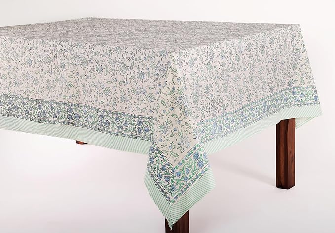 ATOSII Aster Blue 100% Cotton Rectangle Boho Fall Tablecloth, Handblock Floral Block Print Table Cloth Linen for Kitchen Dining I Parties Christmas New Year Gifting I 72 X 140 Inches I 12 Seater