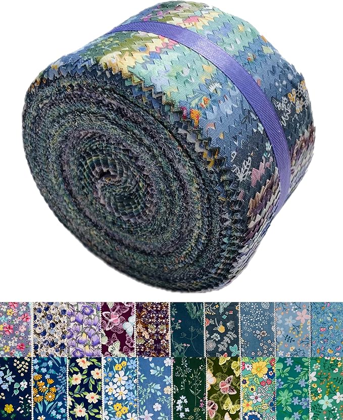 LUMANSUO Jelly Roll Fabric - 20 Assorted Floral Prints, 100% Cotton, 40 Pre-Cut Strips (2.5 x 44 Inch) Fabric for Quilting and Sewing， Cool Tone
