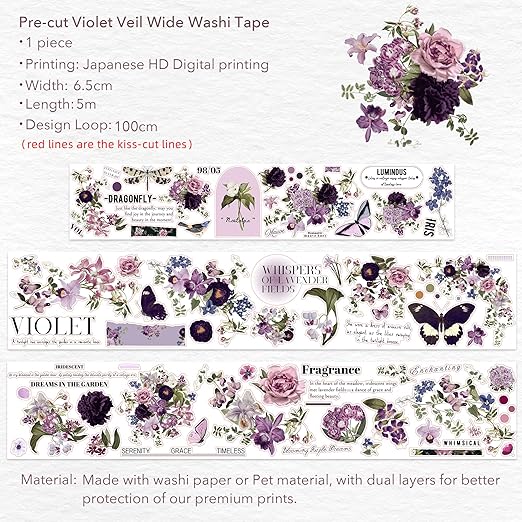 WT Pre-Cut Violet Veil Wide Washi Tape, Single Roll, Soft Lilac Florals & Misty Backgrounds with Script, Decorative Japanese Paper for Journaling, Scrapbooking, Planner, DIY Crafts, 65mm x 5m