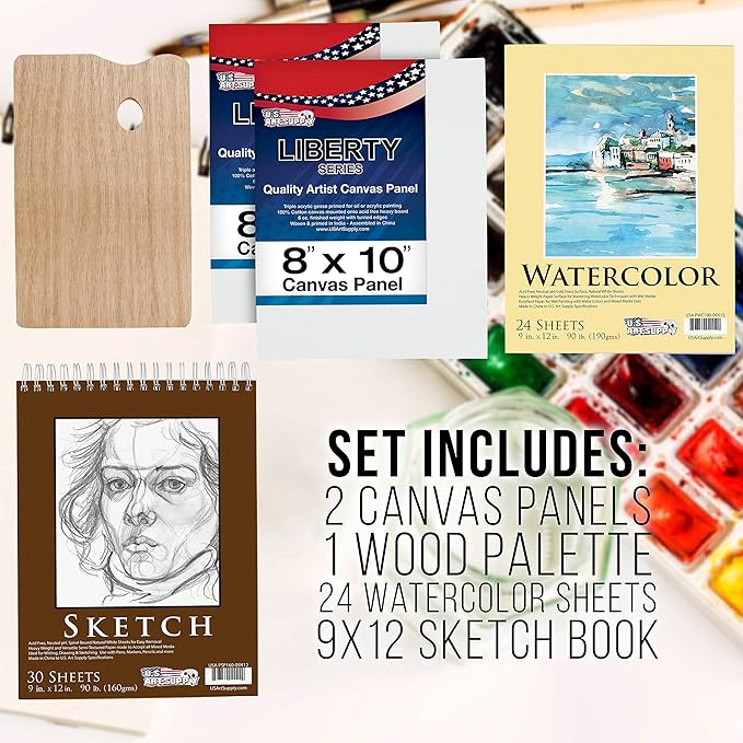 U.S. Art Supply 95 Piece Wood Box Easel Painting Set - Oil, Acrylic, Watercolor Paint Colors and Painting Brushes, Oil Artist Pastels, Pencils - Watercolor, Sketch Paper Pads - Canvas, Palette, Knifes