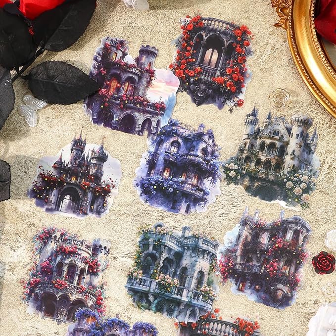 40 Pieces Gothic Castle and Garden PET Scrapbook Stickers, 4 Pack Aesthetic Decorative Vintage Landscape Stickers for Scrapbooking, Planner, Junk Journaling Supplies, DIY Arts, Crafting