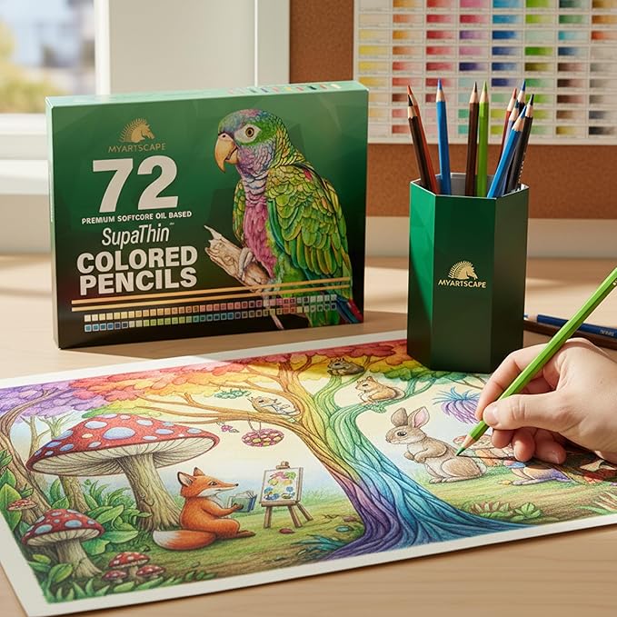 MyArtscape Colored Pencils Set of 72 – Soft Core Oil-Based Color Pencils with Vibrant Colors, Break-Resistant Core, Foldable Roll-Up Holder, Adult Coloring Book Kit