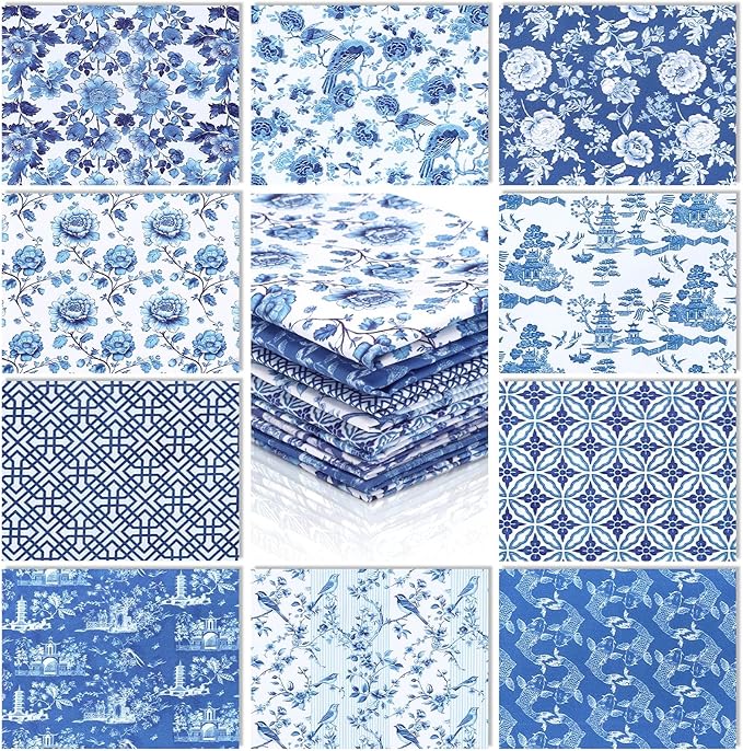 Hahafelt 10 Pcs Vintage Floral Quilting Fabric Bundles 18 x 22 Inch Blue White Porcelain Flower Fat Quarters Chinoiserie Precut Quilting Patchwork for DIY Sewing DIY Craft Decor