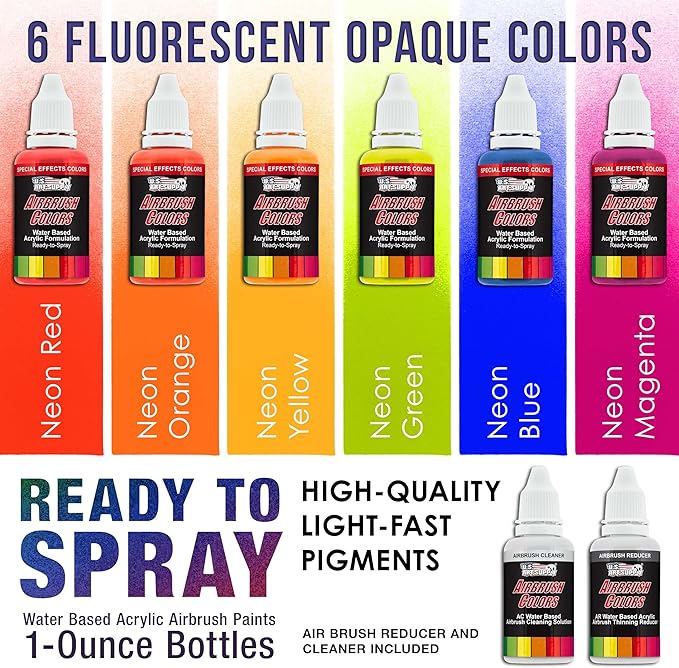 U.S. Art Supply 6 Color Fluorescent Acrylic Neon Colors Airbrush, Leather & Shoe Paint Set with Reducer & Cleaner 1 oz. Bottles