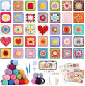 Katech Crochet Kit for Beginners, 50 Granny Squares Crochet Kits for Adults Beginner Learn to Crochets w/Step-by-Step Video Tuturials, Knitting Kit w/1378yds Yarn Granny Square Card Deck- 80% Cotton