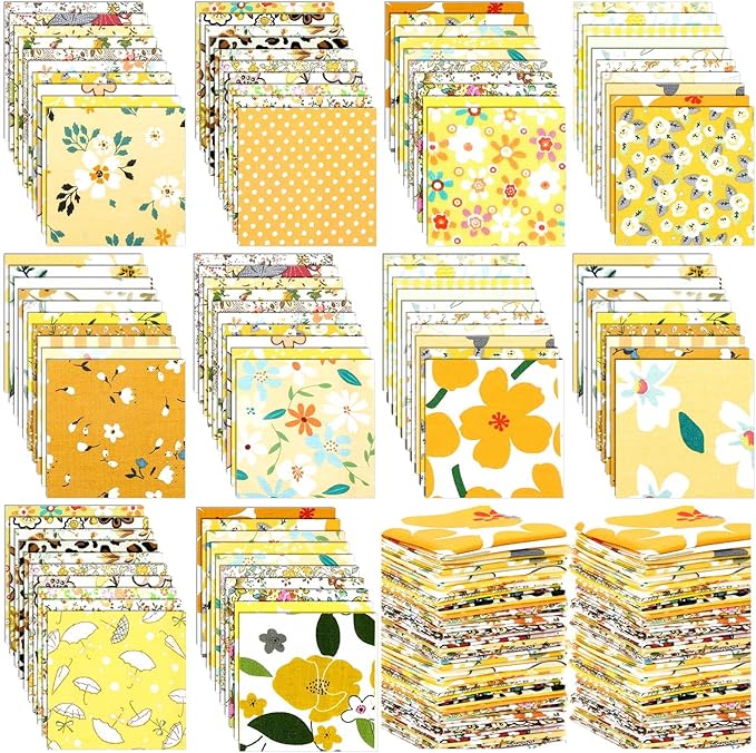 Kinlop 600 Pcs 4 x 4 Inch Cotton Fabric Square Precut Quilting Squares Printed Floral Patchwork Fabric Bundles for DIY Craft Sewing Clothing Accessory(Yellow)