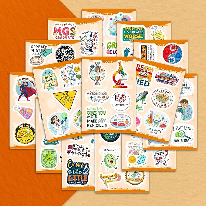 100Pcs Funny Microbiology Vinyl Stickers for Water Bottle, Laptop -Nerd Biology Stickers - Microbiology Gifts, Party Supplies - Gift for Women & Men