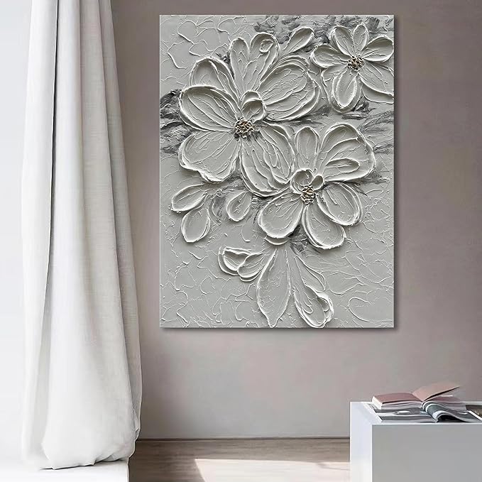 Hand-Painted White Flower Texture Art - 40x28 inches Modern Abstract Home Wall Decorative Art