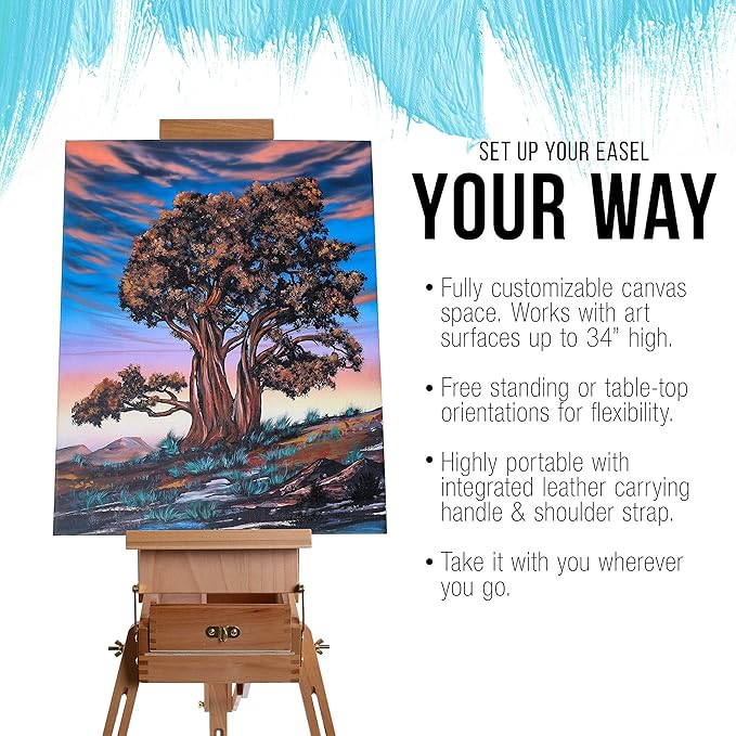 U.S. Art Supply Coronado Small Wooden French Style Field & Studio Sketchbox Easel - Art Easel for Adults, Drawer, Palette - Adjustable Wood Tripod Stand, Portable Artist Table for Painting, Sketching