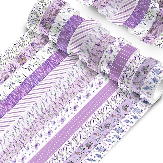 Lavender Washi Tape 12 Rolls Lavender Tape Masking Decorative Purple Flower Washi Tape for DIY Craft Gift Wrapping Handbook Sticker Scrapbook Journaling Party Favor