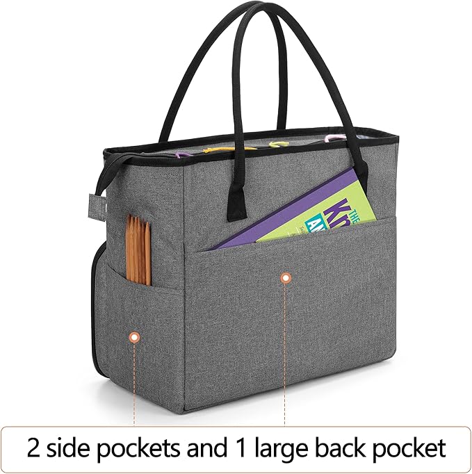 Yarwo Knitting Crochet Bag, Yarn Storage Tote Bag for WIP Projects, Yarn Skeins, Crochet Hooks and Knitting needles, Christmas & New Beginnings Gifts for Women, Gray (Bag Only, Patent Pending)