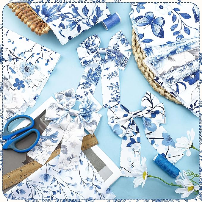 HunnmingRe 20 Pcs 10''x10'' Blue and White Floral Quilting Fabric Square Bundle Chinoiserie Precut Quiltted Fabric Floral Printed Patchwork Supplies for Handmade Patchwork DIY Sewing Material Craft