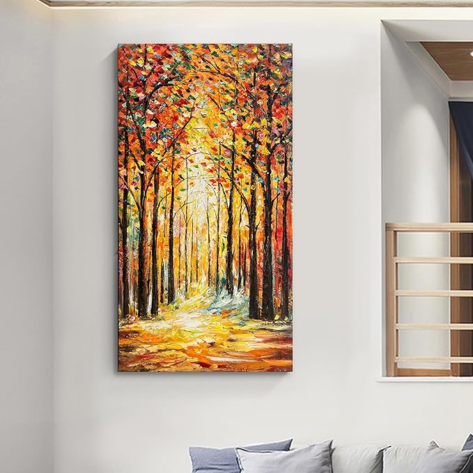 Hand-Painted Forest Landscape Oil Painting - Contemporary Abstract Art, 48x24 Inch Home Wall Decoration