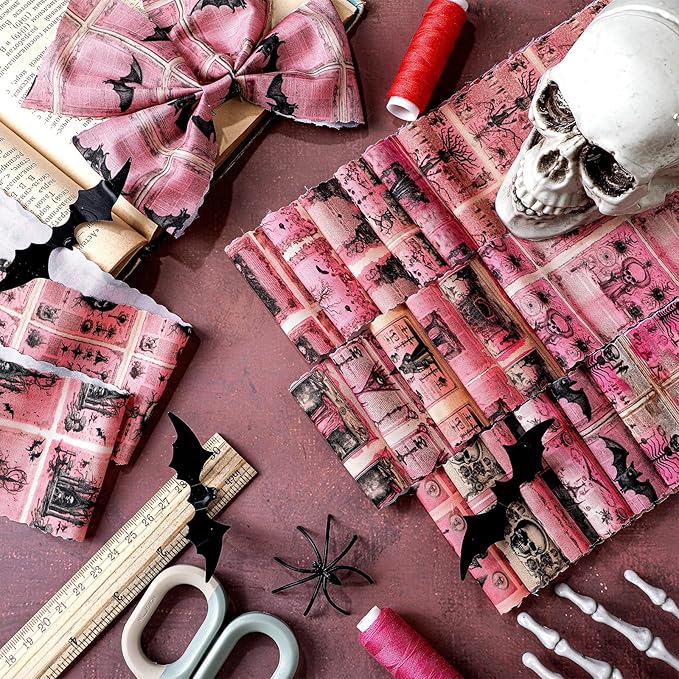 Ganeen 100 Pcs Pink Halloween Quilting Fabric Roll Vintage Skeleton 2. 56 Inch Fabric Squares Jelly Patchwork Precut Strips Bundles for Holiday Materials Craft DIY Sewing Cloths