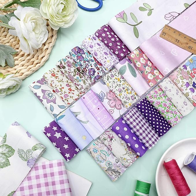 Ganeen 100 Pcs Purple Floral Quilting Fabric Roll 2. 56 Inch Fabric Squares Jelly Patchwork Precut Strips Bundles for Holiday Materials Craft DIY Sewing Cloths