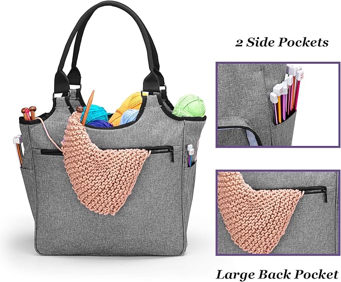 YARWO Knitting Tote Bag, Yarn Storage Organizer for Yarn Skeins, Knitting Needles, Crochet Hooks and Knitting Projects, Christmas & New Beginnings Gifts for Women, Gray with Grid (Patent Pending)