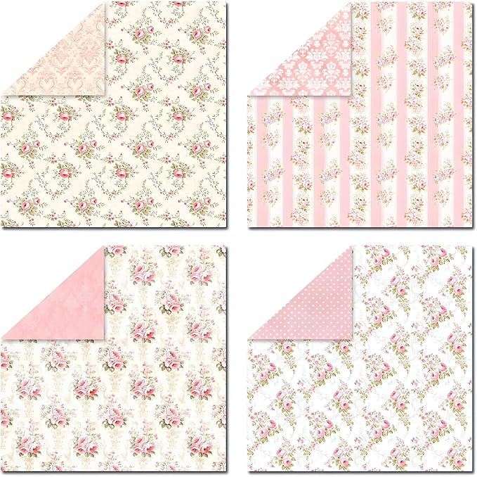 VIVIQUEN 24 Pack Pink Floral Double-Sided Paper, 12-inches Vintage Flowers Scrapbook Specialty Craft Paper Folded Flat for DIY Background Card Art Craft Making Scrapbook Photo Album Decor