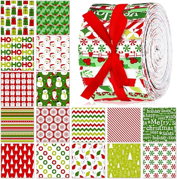 Fanfanwin 40 Pcs Red and Green Christmas Quilting Fabric Roll 2.56 Inch Precut Fabric Squares Jelly Patchwork Snowflake Peppermint Strips Materials for Winter Xmas Holiday Craft Sewing Panels DIY