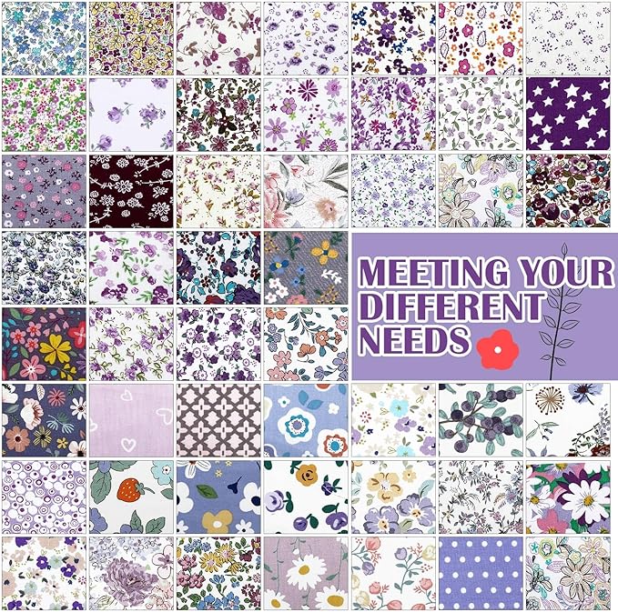 Kinlop 600 Pcs 4 x 4 Inch Cotton Fabric Square Precut Quilting Squares Printed Floral Patchwork Fabric Bundles for DIY Craft Sewing Clothing Accessory(Purple)