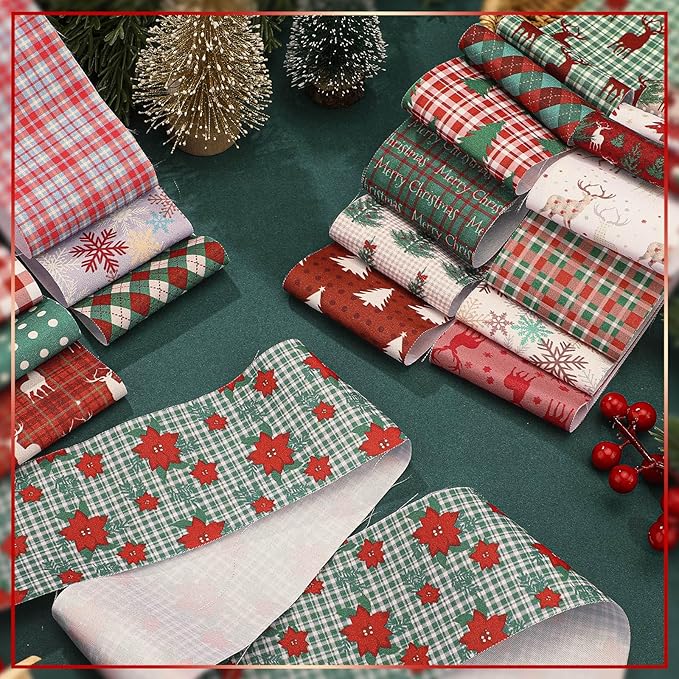 Fanfanwin 40 Pcs Woodland Plaid Christmas Quilting Fabric Roll 2.56 Inch Precut Fabric Squares Jelly Patchwork Snowflake Reindeer Poinsettia Strips Materials for Winter Xmas Craft Sewing Panels DIY