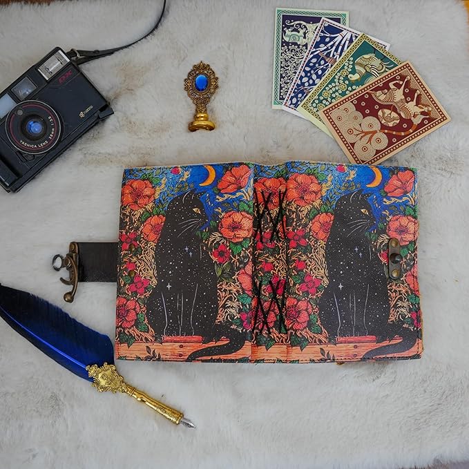 Blank Spell Book of Shadows Grimoire Journal Magic Cat Printed Witchcraft Supplies Witch Wiccan Notebook Handmade Vintage Deckle Paper Leather Sketchbook, Great Gifts 7x5 inches