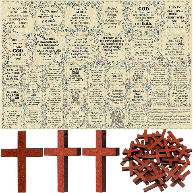 Pocket Prayer Quilt Panel Squares with Small Wooden Crosses Mini Scripture Pocket Prayer Quilt for Friend Family Religious Spiritual Gift Easter Reward Gift(Wildflower,Brown)