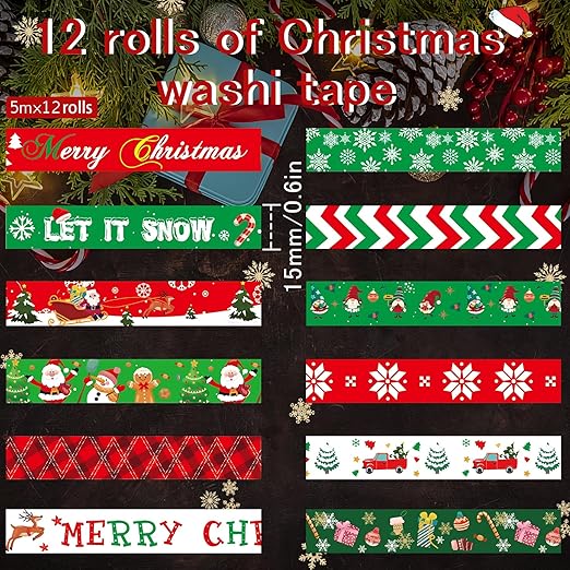 SANNIX 12 Rolls Christmas Washi Tapes 15mm Wide Christmas Tree Snowflakes Santa Claus Gingerbread Man Masking Tape for Xmas Scrapbooking and Crafting
