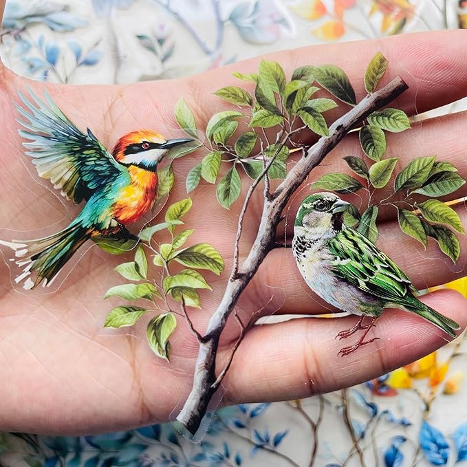 120-Piece Clear Bird & Floral Branch Sticker - Vintage Watercolor Nature Scrapbook Stickers for Scrapbooking, Journals, Art Crafts, Stationery Decoration