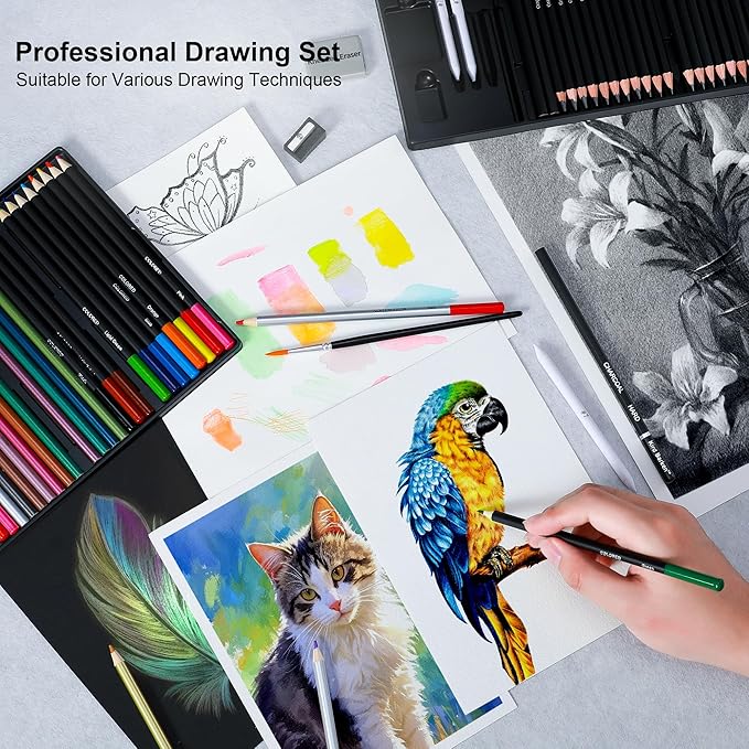 70 PCS Art Supply Drawing Set, Pro Art Supplies with Tutorial,Colored, Graphite, Charcoal, Watercolor & Metallic Pencil, for Artists Adults Teens Beginner
