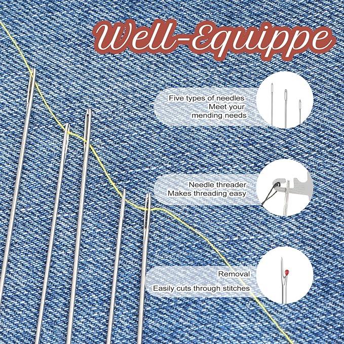 Big Eye Steel Needles Set，31Pcs Needles Thread Hand Repair Tools, 5 Size Stainless Steel Sewing Needle Kit, Portable Large Eye Hand Sewing for DIY Stitching Crafts Quilting