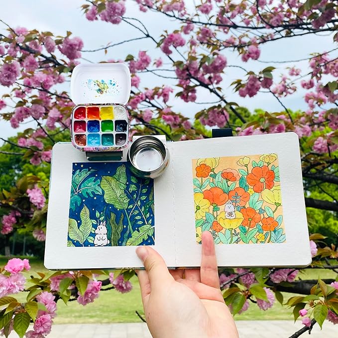 Portable Mini Tin Box,12-Well Empty Watercolor Palette,Small Paint Storage Travel Artist Outdoor Sketch Watercolor Kits with Magnetic Clip and Oil Pot.Flowers and Birds
