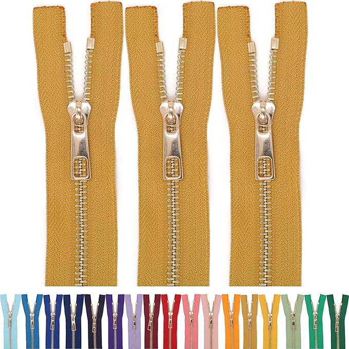 #5 Gold Metal Zipper - 50+ Colors - 3 PCS - (4-14 inches) Sizes - Luxury Lightweight Handcraft Metal Zippers with pulls for Purses Bags Pockets Shoes Sewing & Crafts DIY ZP02138