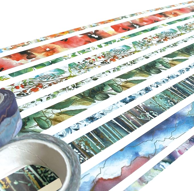 Paper House 10 Piece Foil Accent Washi Tape Pack with 5 15mm Rolls and 5 5mm Rolls - Watercolor Flora