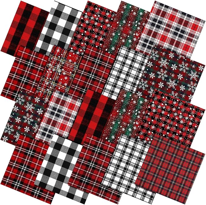 Fanfanwin 60 Pcs 10 x 10 Inch Vintage Christmas Quilting Fabric Retro Plaid Homespun Cotton Buffalo Fabric Jelly Squares Lattice Rustic Snowflake Quilting Strips for Xmas Craft Sewing DIY