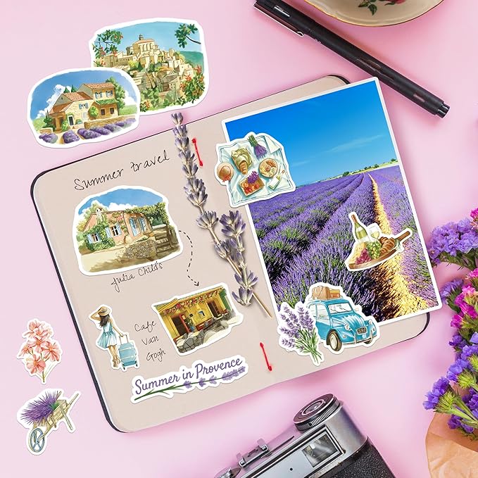Navy Peony Summer in Provence Travel Stickers (28pcs) - Watercolor, France Lavender-Themed Vacation Decals for Scrapbooks, Water Bottle, Luggage
