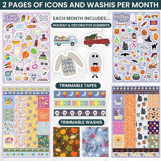 bloom daily planners 40 Page Mega Planner Sticker Pack (1500+ Stickers) - 6” x 9” Bound Ultimate Variety Sticker Book with Foil - Seasons, Celebrations, Holidays, Food, Travel, Quotes & More - Vol. 1