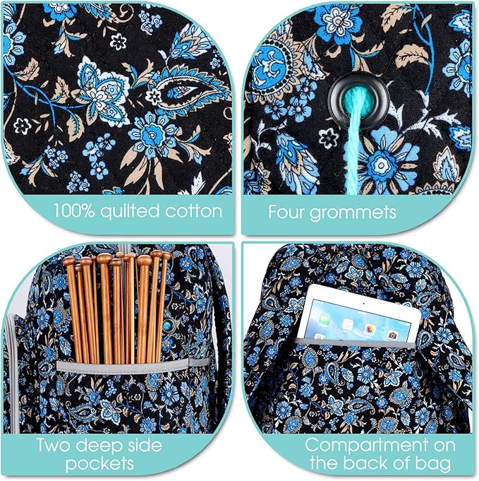 Yarn Storage Organizer Knitting Bag Backpack - Large Size with Grommets, Portable Crochet & Knitting Accessories Bag (Paisley)