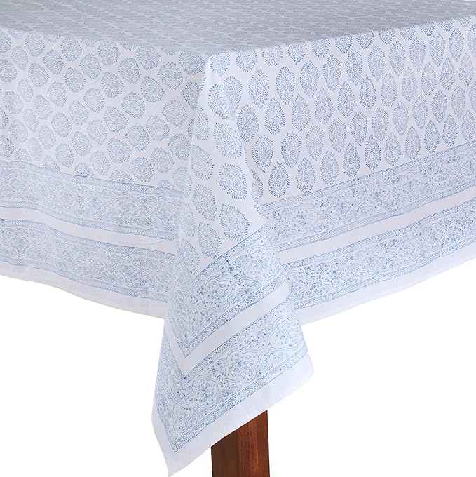 ATOSII Amalfi Blue 100% Cotton Boho Rectangle Fall Tablecloth, Handblock Print Table Cloth for Kitchen I Dining Table Linen Fall Décor I Parties Wedding Outdoors Summer I 72 X 108 Inches I 8 Seater